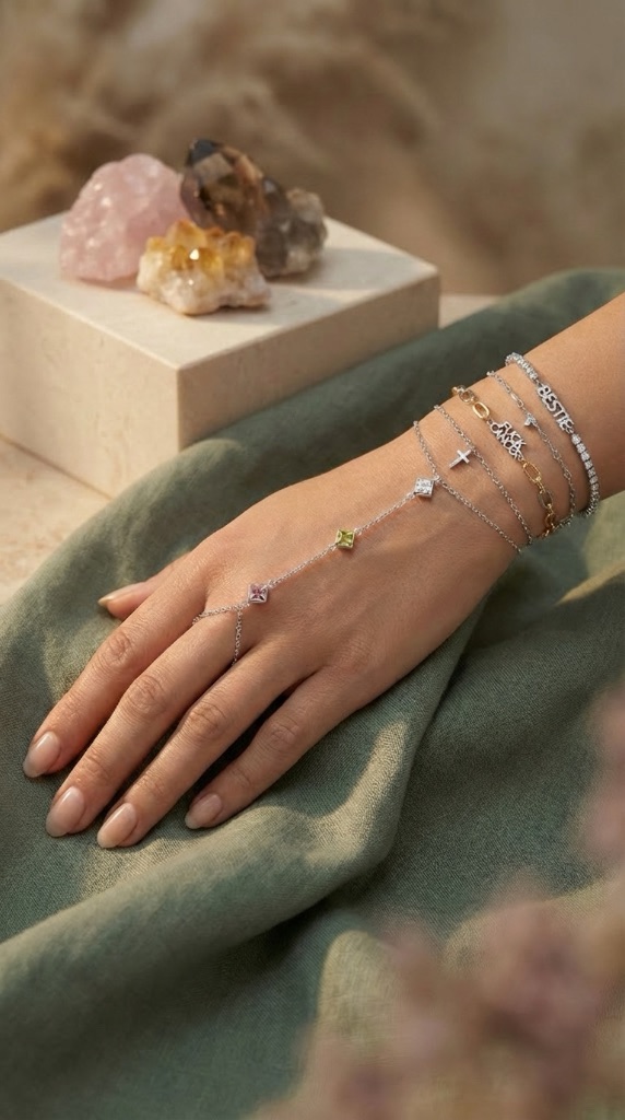 Delicate hand chain with crystal charms connecting wrist to ring finger - personal story piece
